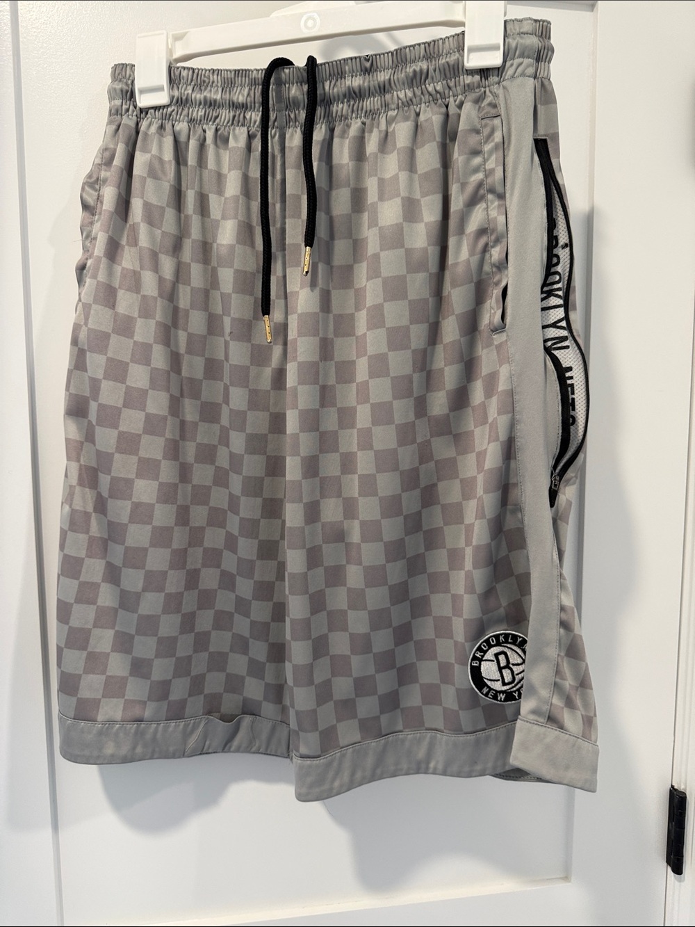 Brooklyn Nets Gray Checkered Athletic Shorts with Drawstring